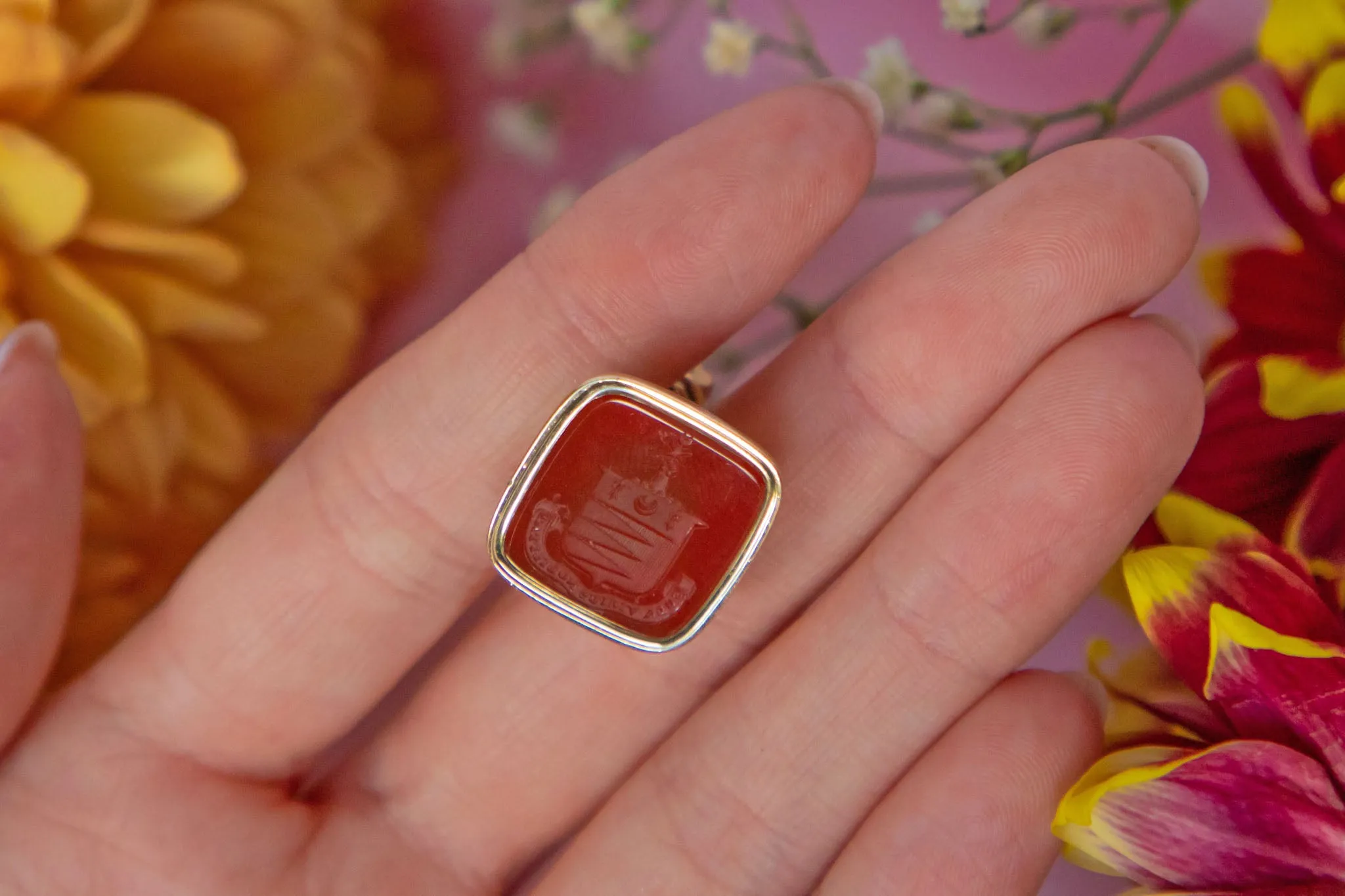 Antique 18ct Gold Carnelian Intaglio Seal Pendant, 'Virtue Alone Ennobles'