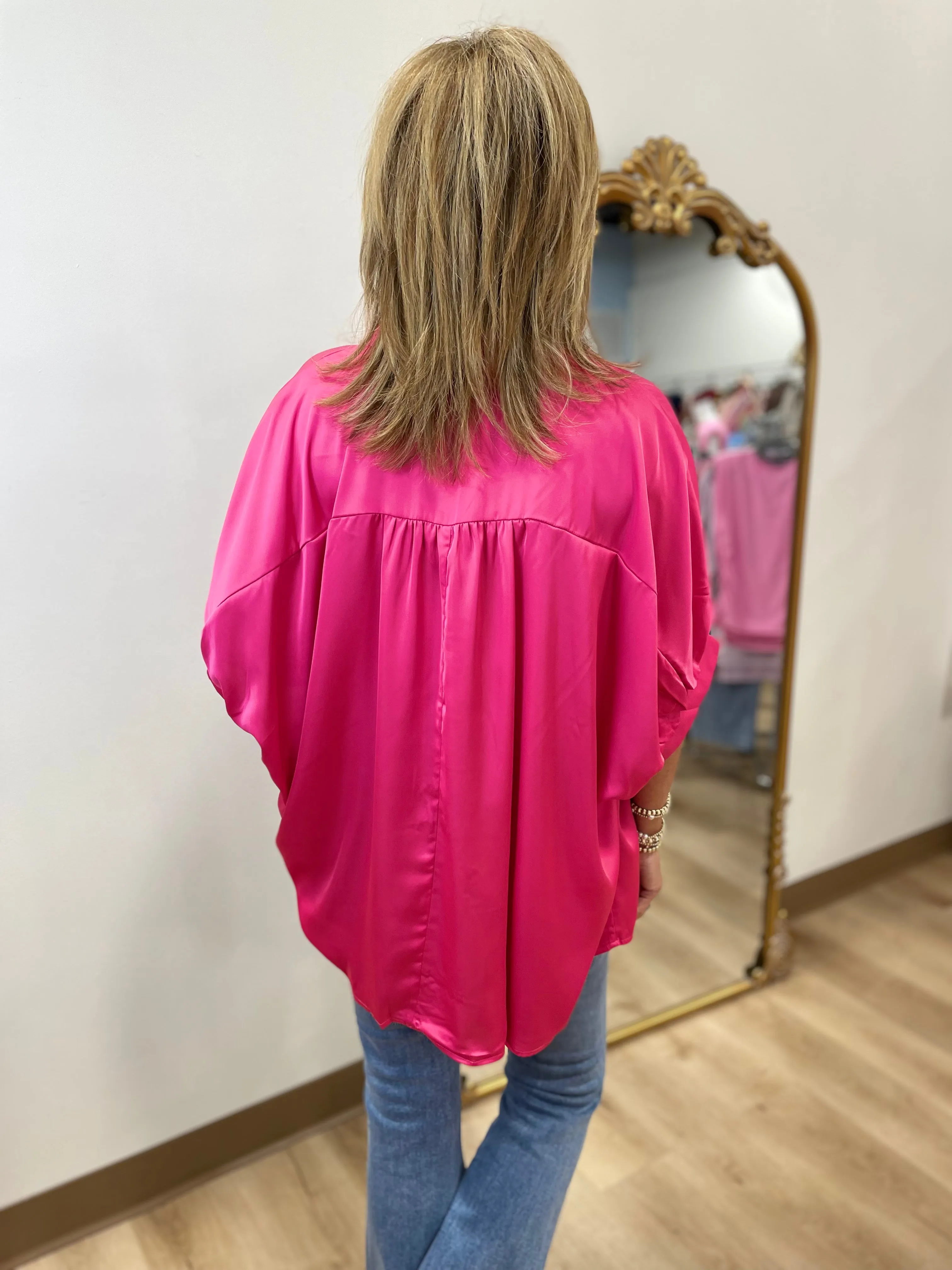 Avis Satin Collared Button Down Top Pink