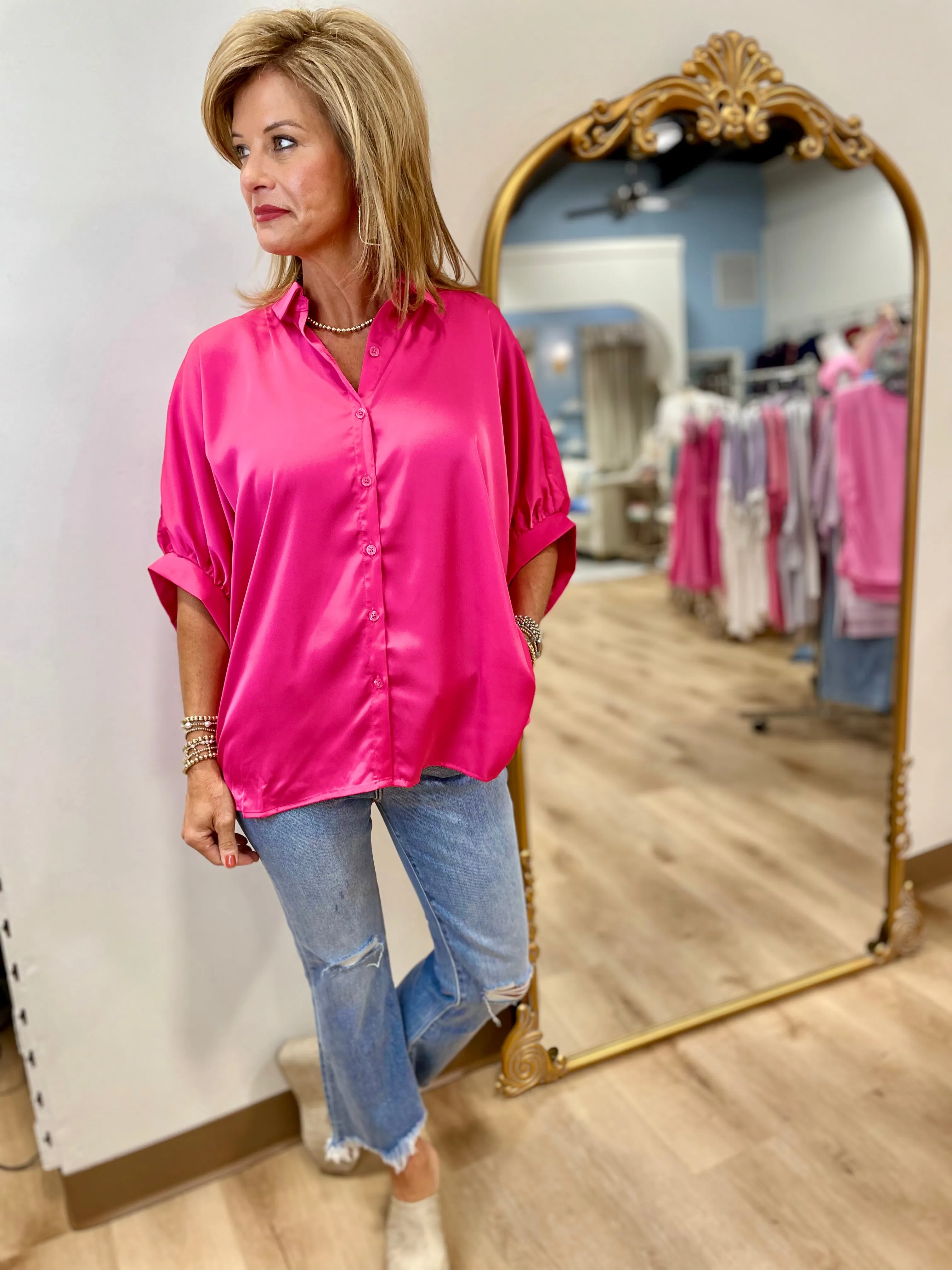 Avis Satin Collared Button Down Top Pink