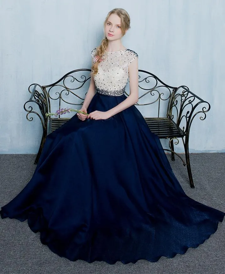 Beautiful Dark Blue Long Beading Zipper Back Prom Dresses PFP1071