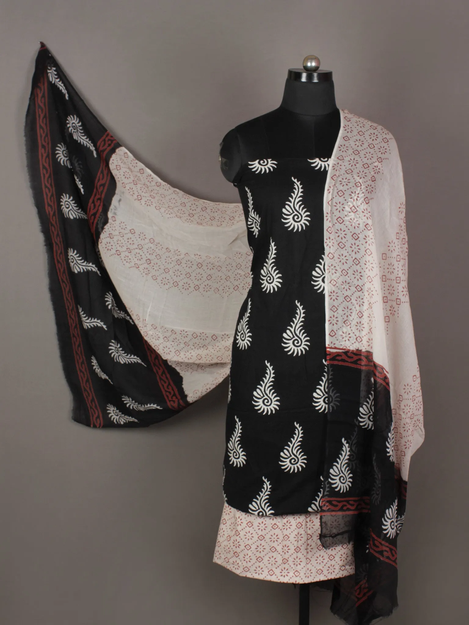 Black White Red Ivory Hand Block Printed Cotton Suit-Salwar Fabric & Dupatta - S1628189