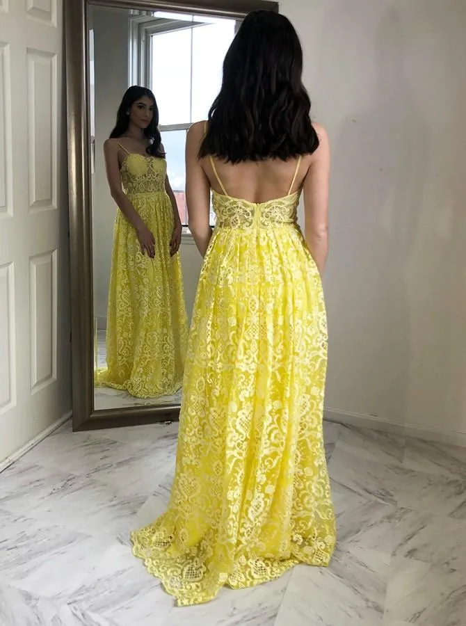 Charming A-Line Spaghetti Straps Floor-Length Yellow Lace Prom Dress PFP1351
