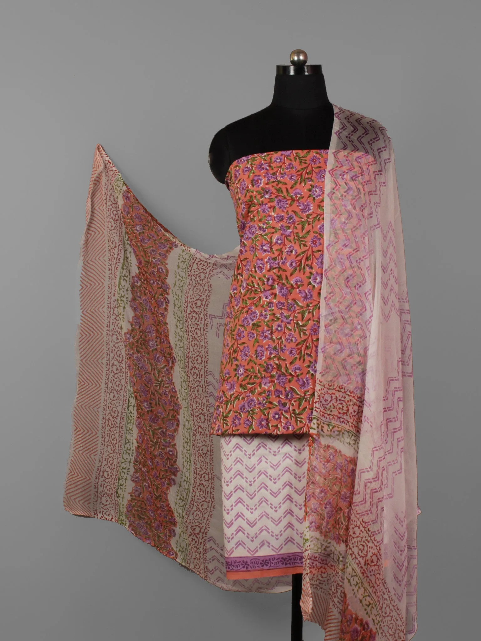 Dark Peach Purple Green Hand Block Printed Cotton Suit-Salwar Fabric With Chiffon Dupatta (Set of 3) - S16281291