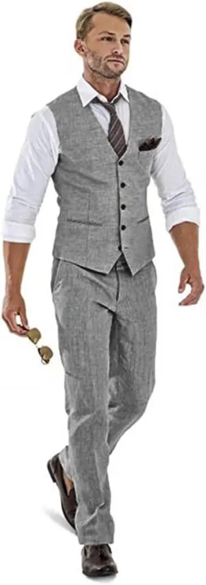 High-End Suits Casual Linen Beige Men's 2 Piece Suits Wedding Suits Slim Fit Groomsmen Tuxedos Summer Linen Vest Pant
