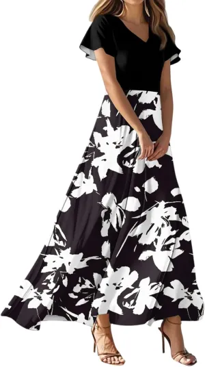 Long Maxi Dresses for Women Elegant 2025 Vacation V Neck Floral Summer Flowy Short Sleeve Empire Waist Dress