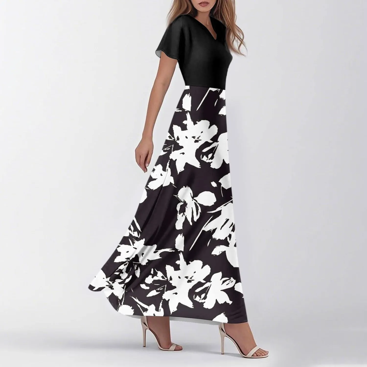 Long Maxi Dresses for Women Elegant 2025 Vacation V Neck Floral Summer Flowy Short Sleeve Empire Waist Dress