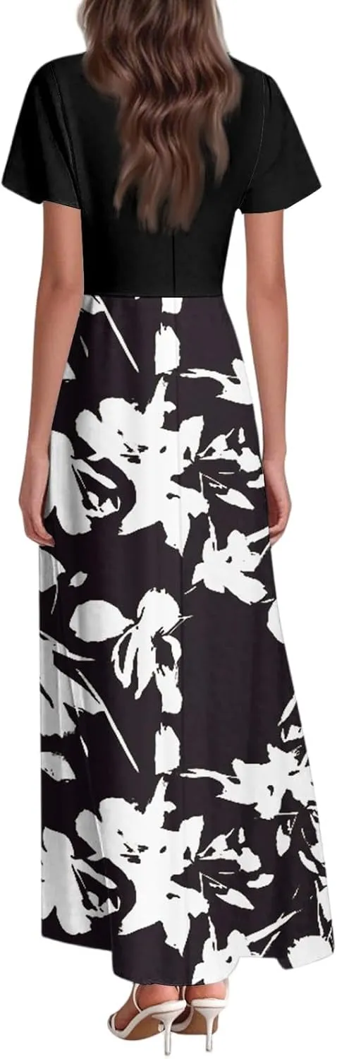 Long Maxi Dresses for Women Elegant 2025 Vacation V Neck Floral Summer Flowy Short Sleeve Empire Waist Dress