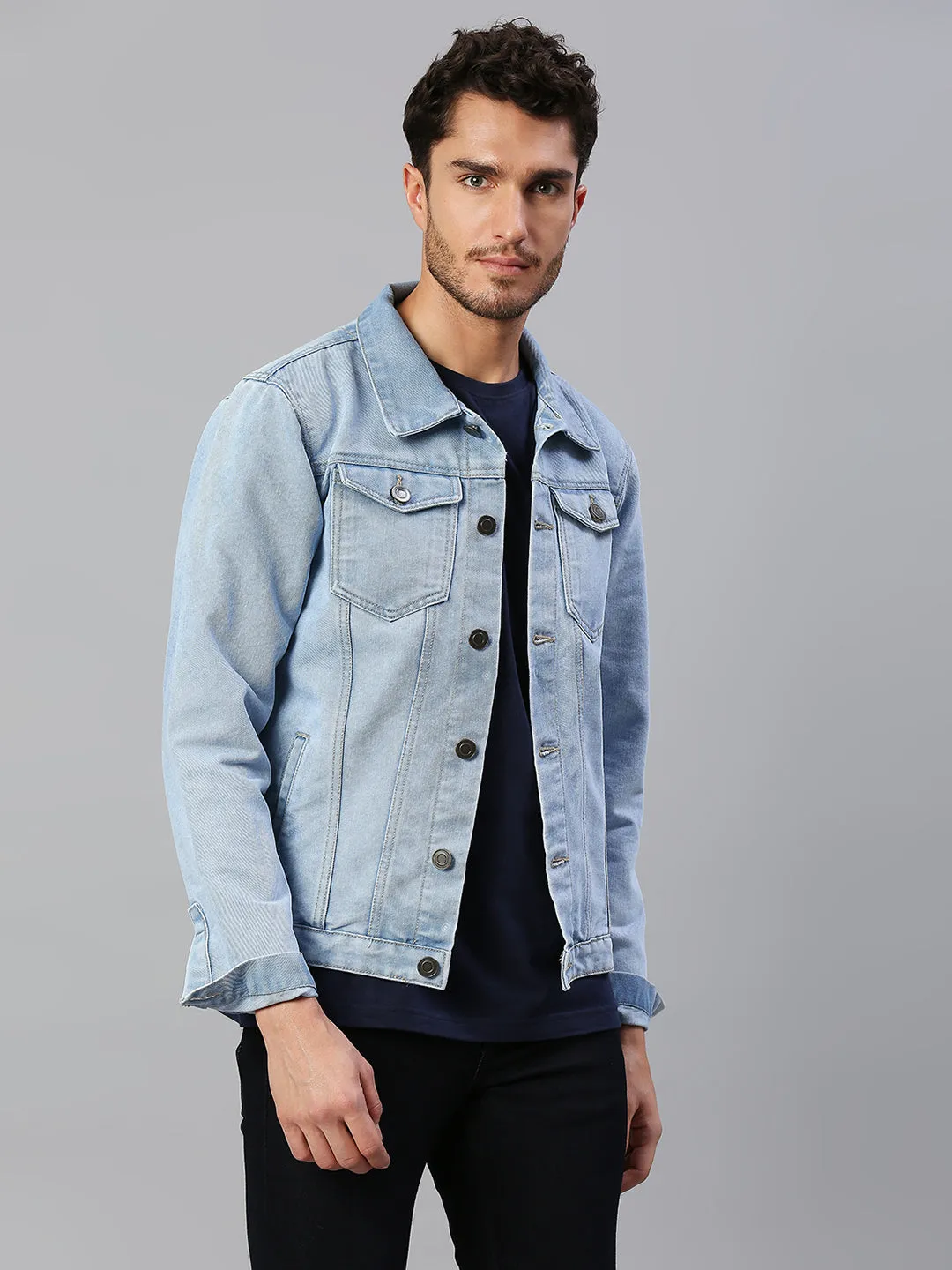 Men's Regular Fit Long Sleeve Button Down Denim Jacket (Light Blue)
