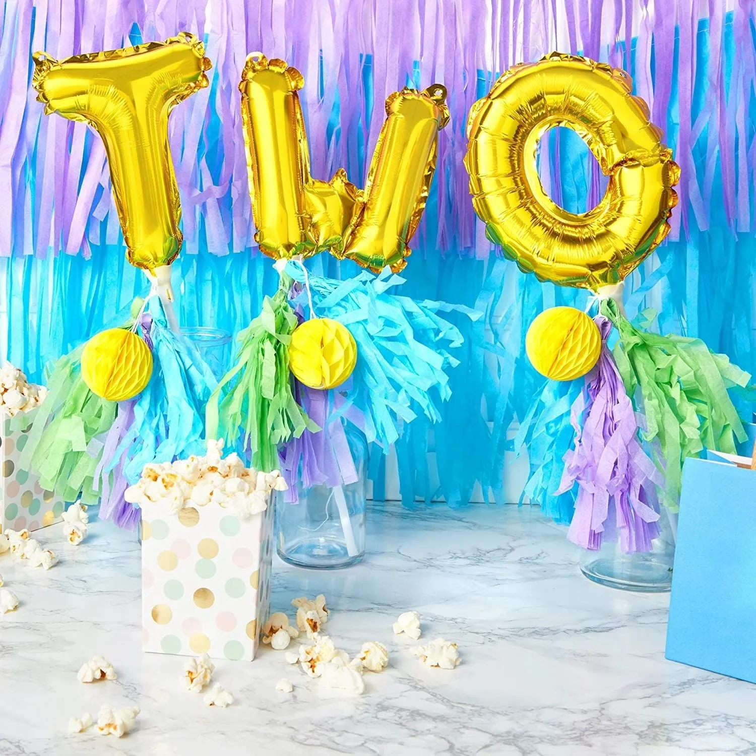 Metallic Gold Foil "Two" Letter Balloons Cake Topper with Tassel for 2nd birthday Party Decorations,7.5 inch