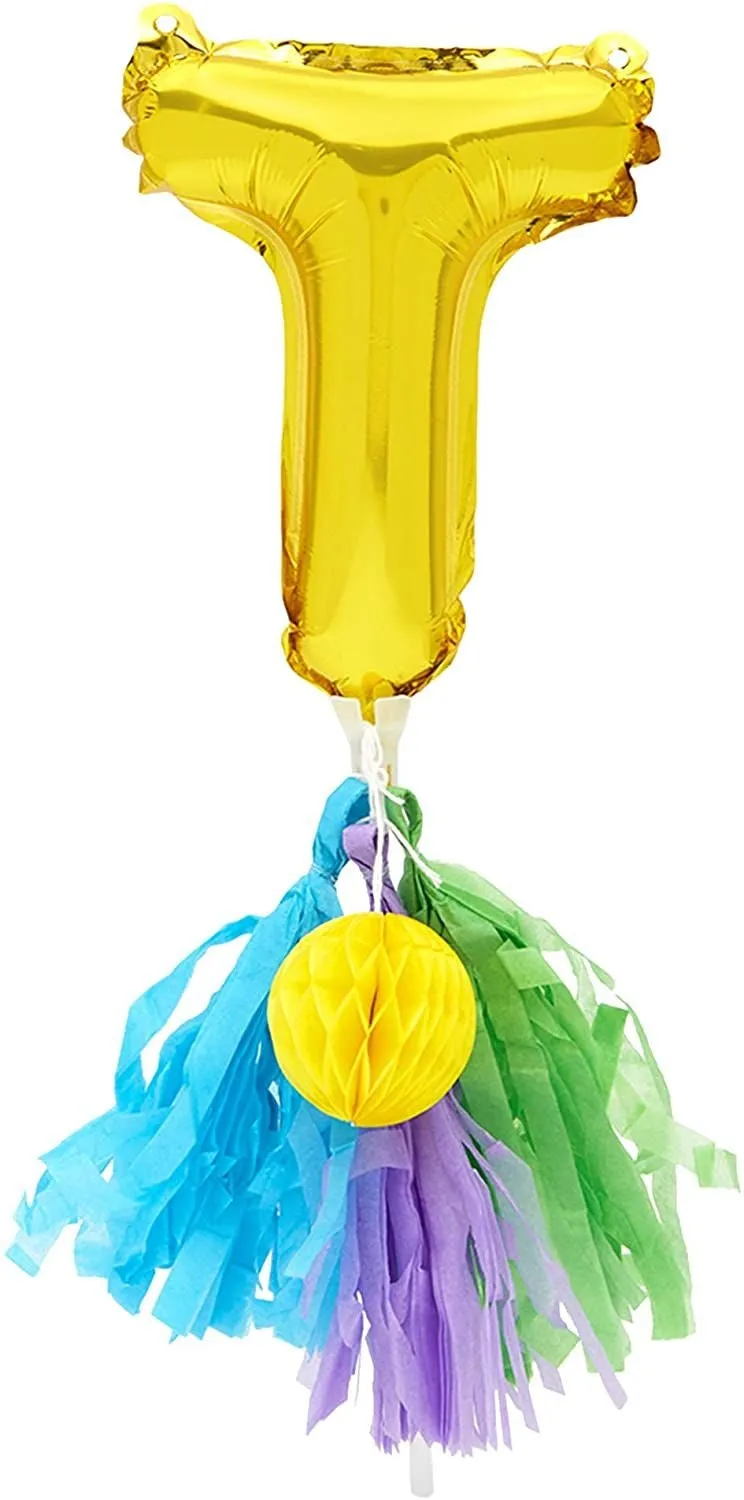 Metallic Gold Foil "Two" Letter Balloons Cake Topper with Tassel for 2nd birthday Party Decorations,7.5 inch