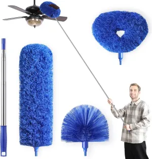 Microfiber Duster for High Ceiling Fan Blades, Cobweb with Extension Pole Adjusts 15-82 Inch, Reusable Cleaning Duster Kit with 3 Duster Heads for Wall Blinds Door Furniture Bookshelves (Blue)