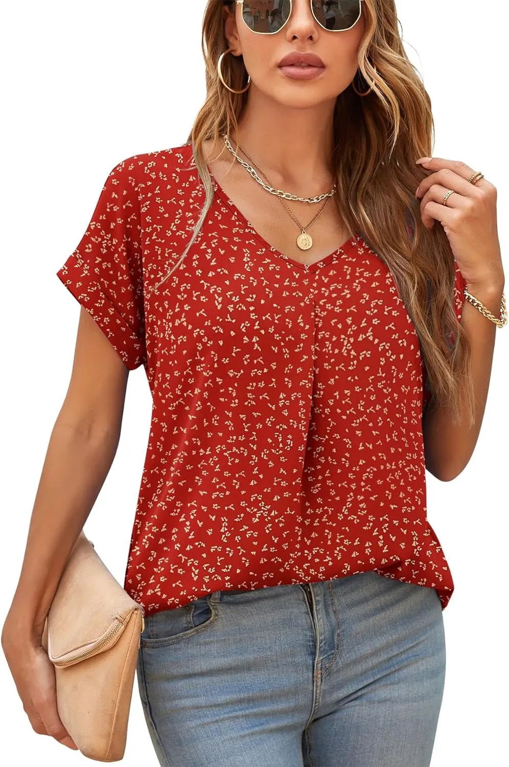 QUEZHU Summer Blouses for Women Elegant Casual V Neck Chiffon Blouses Tops Shirts