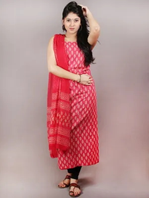 Rose Pink Beige Hand Block Printed Cotton Suit-Salwar Fabric With Chiffon Dupatta - S1628077