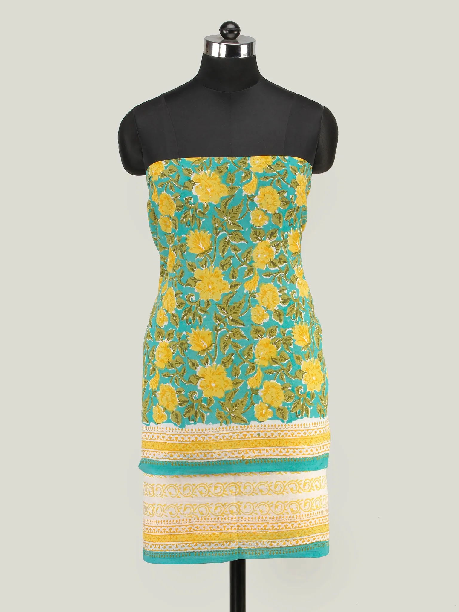 Sea Blue Yellow Green Hand Block Printed Cotton Suit-Salwar Fabric With Chiffon Dupatta (Set of 3) - SU01HB442