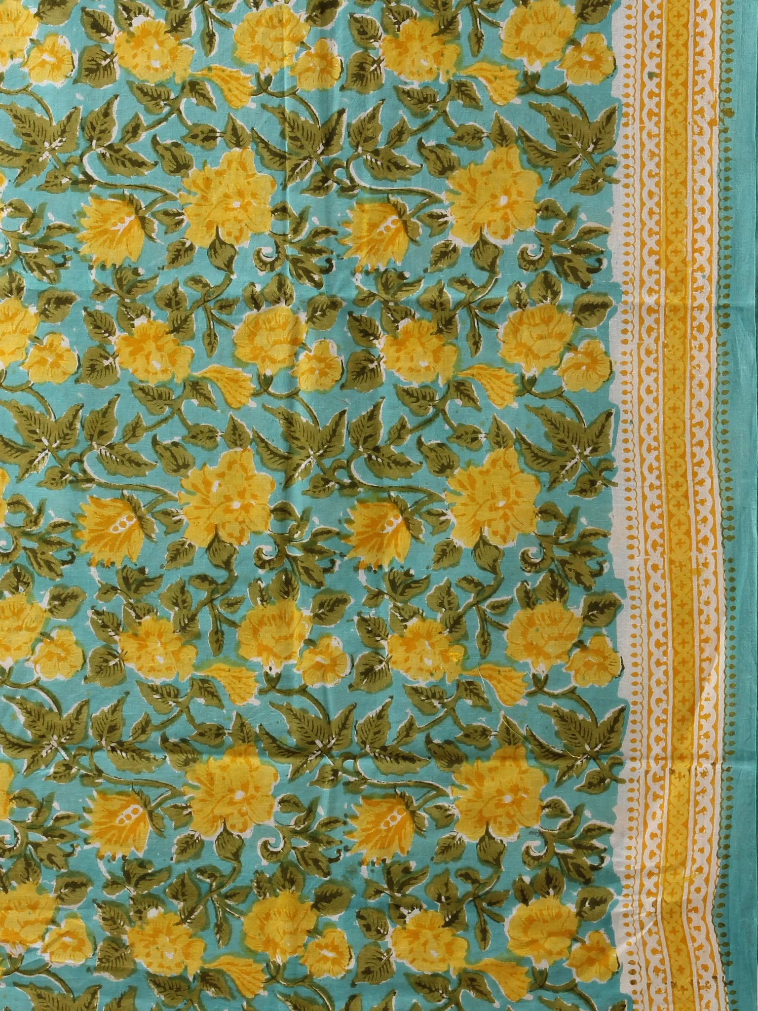 Sea Blue Yellow Green Hand Block Printed Cotton Suit-Salwar Fabric With Chiffon Dupatta (Set of 3) - SU01HB442