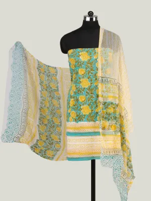 Sea Blue Yellow Green Hand Block Printed Cotton Suit-Salwar Fabric With Chiffon Dupatta (Set of 3) - SU01HB442