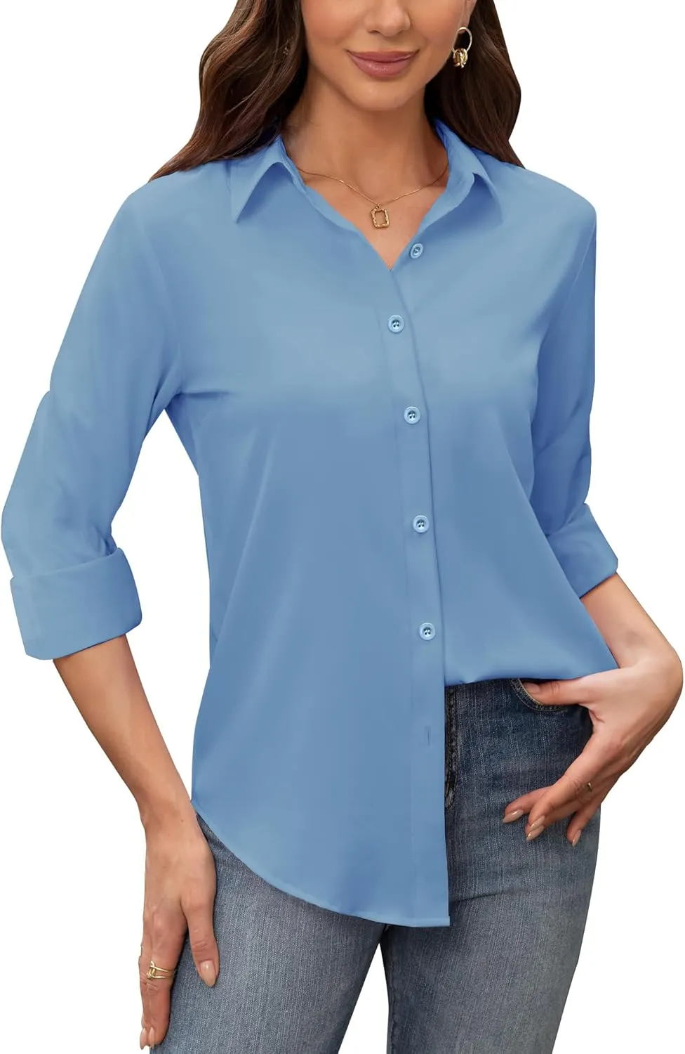 siliteelon Women's Stain Shield Dress Shirts Wrinkle Free Long Sleeve Shirts Solid Work Business Button Down Shirts