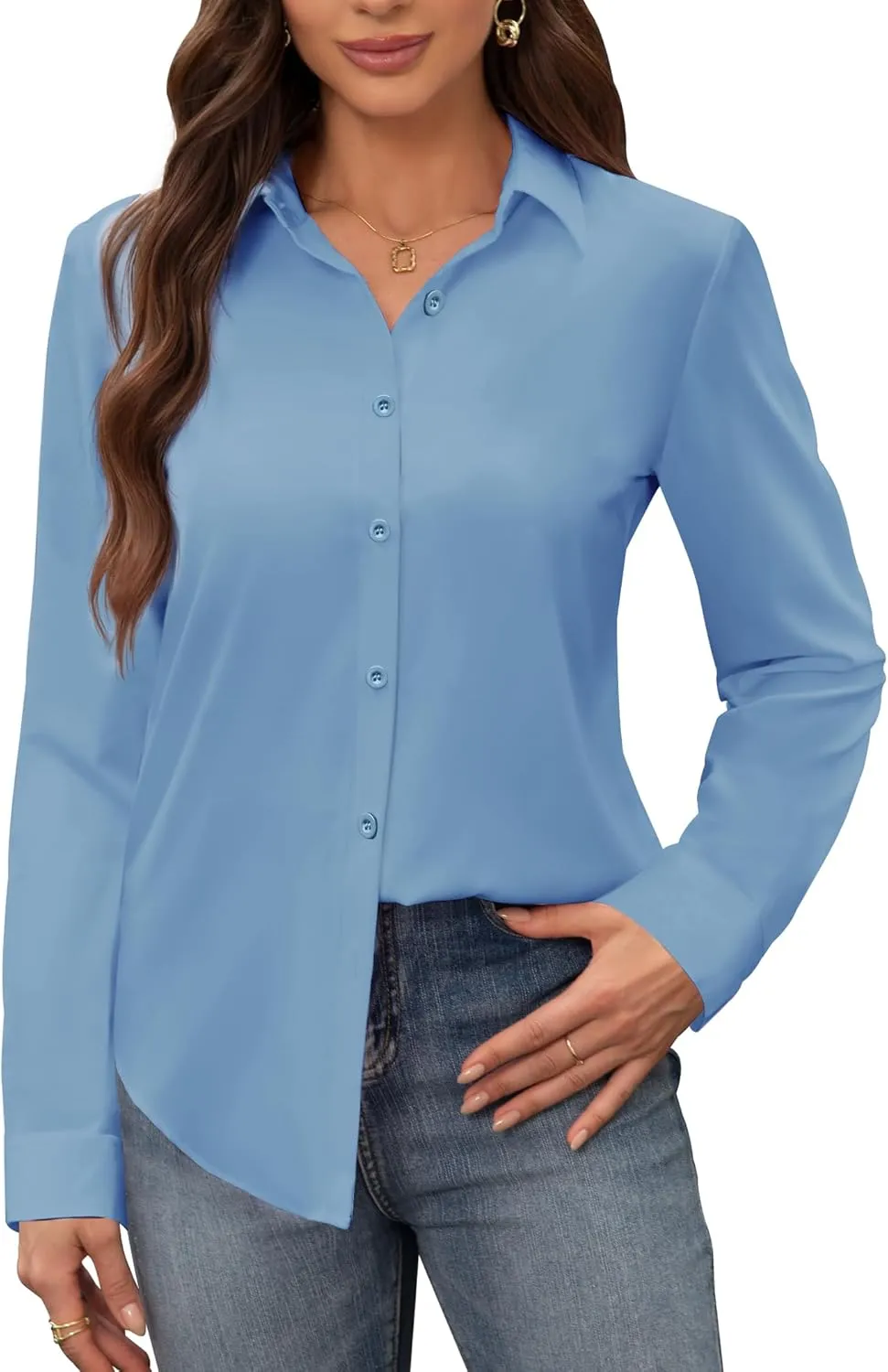 siliteelon Women's Stain Shield Dress Shirts Wrinkle Free Long Sleeve Shirts Solid Work Business Button Down Shirts