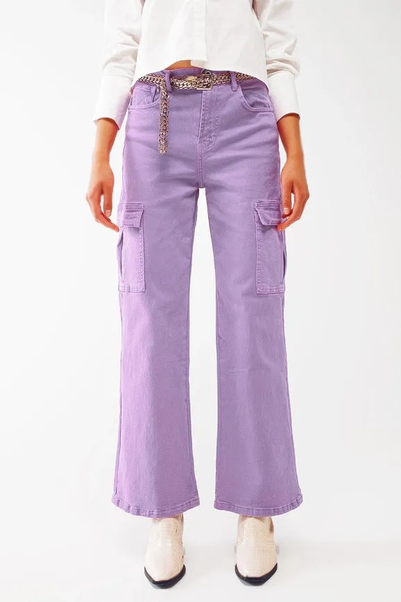 Straight Leg Cargo Jeans in Purple