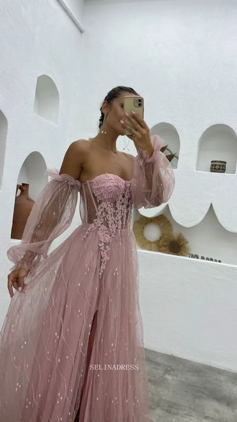 Strapless Pink Long Prom Dresses Tulle Long Puff Sleeve Evening Dresses Bridsmaid Dress POL020