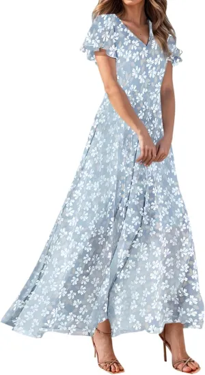 Women Floral Maxi Dress V Neck Flutter Sleeve Long Flowy Chiffon Dresses Casual Summer A Line Garden Party Dresses