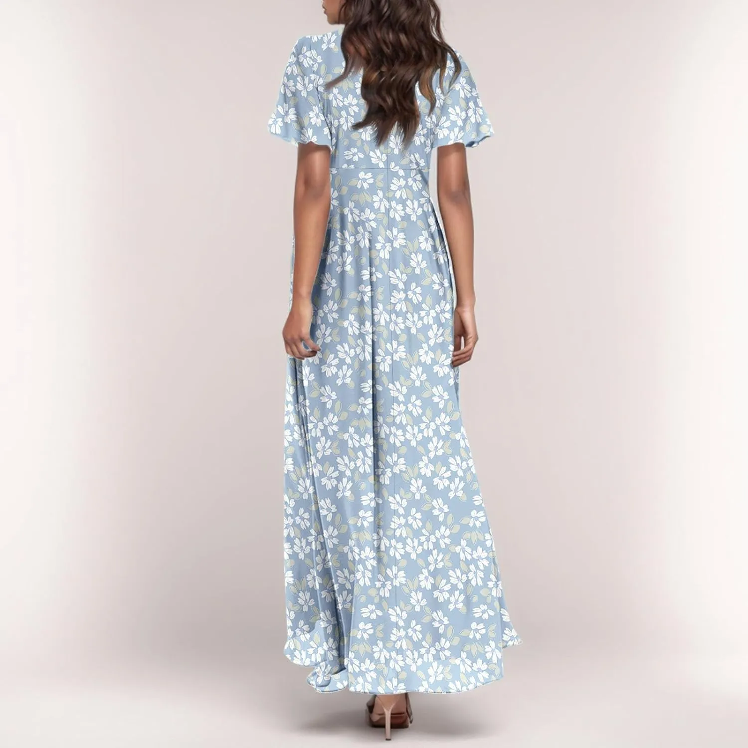Women Floral Maxi Dress V Neck Flutter Sleeve Long Flowy Chiffon Dresses Casual Summer A Line Garden Party Dresses
