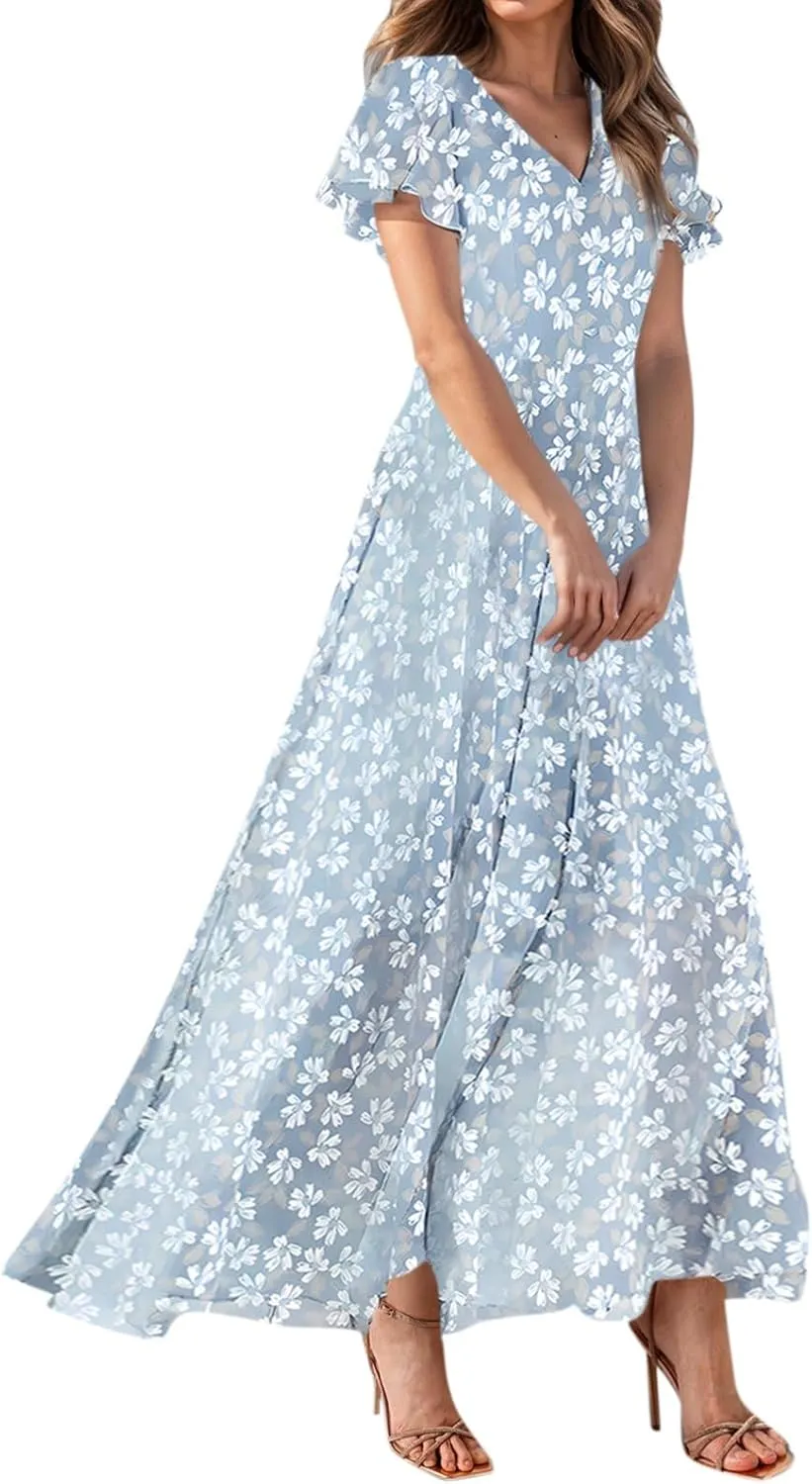 Women Floral Maxi Dress V Neck Flutter Sleeve Long Flowy Chiffon Dresses Casual Summer A Line Garden Party Dresses
