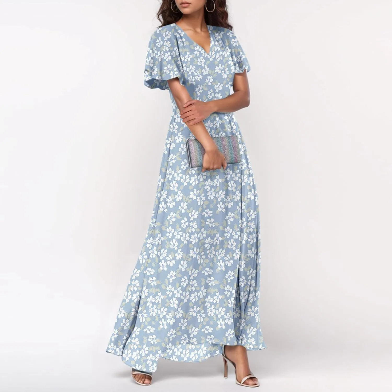 Women Floral Maxi Dress V Neck Flutter Sleeve Long Flowy Chiffon Dresses Casual Summer A Line Garden Party Dresses