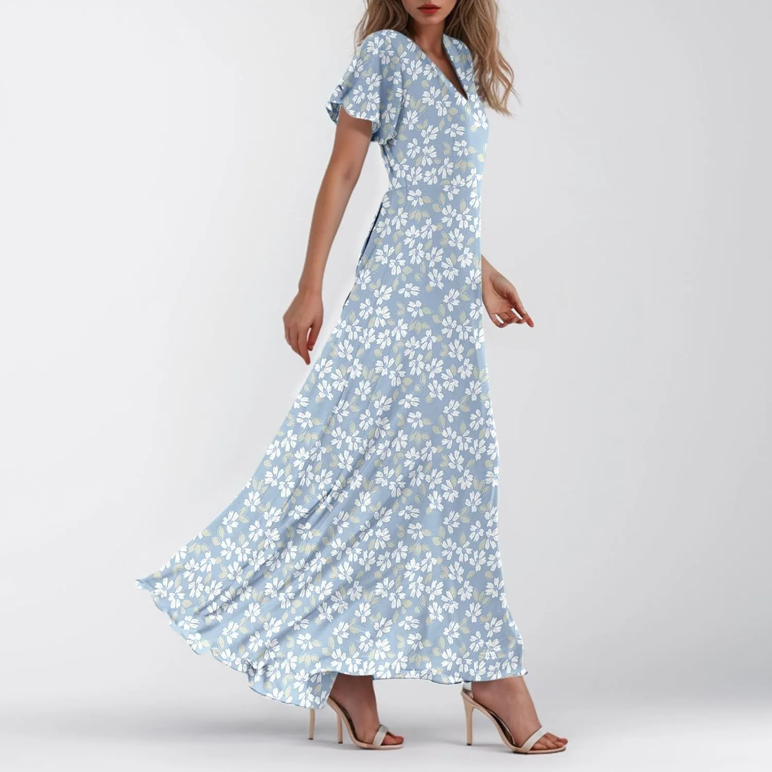 Women Floral Maxi Dress V Neck Flutter Sleeve Long Flowy Chiffon Dresses Casual Summer A Line Garden Party Dresses
