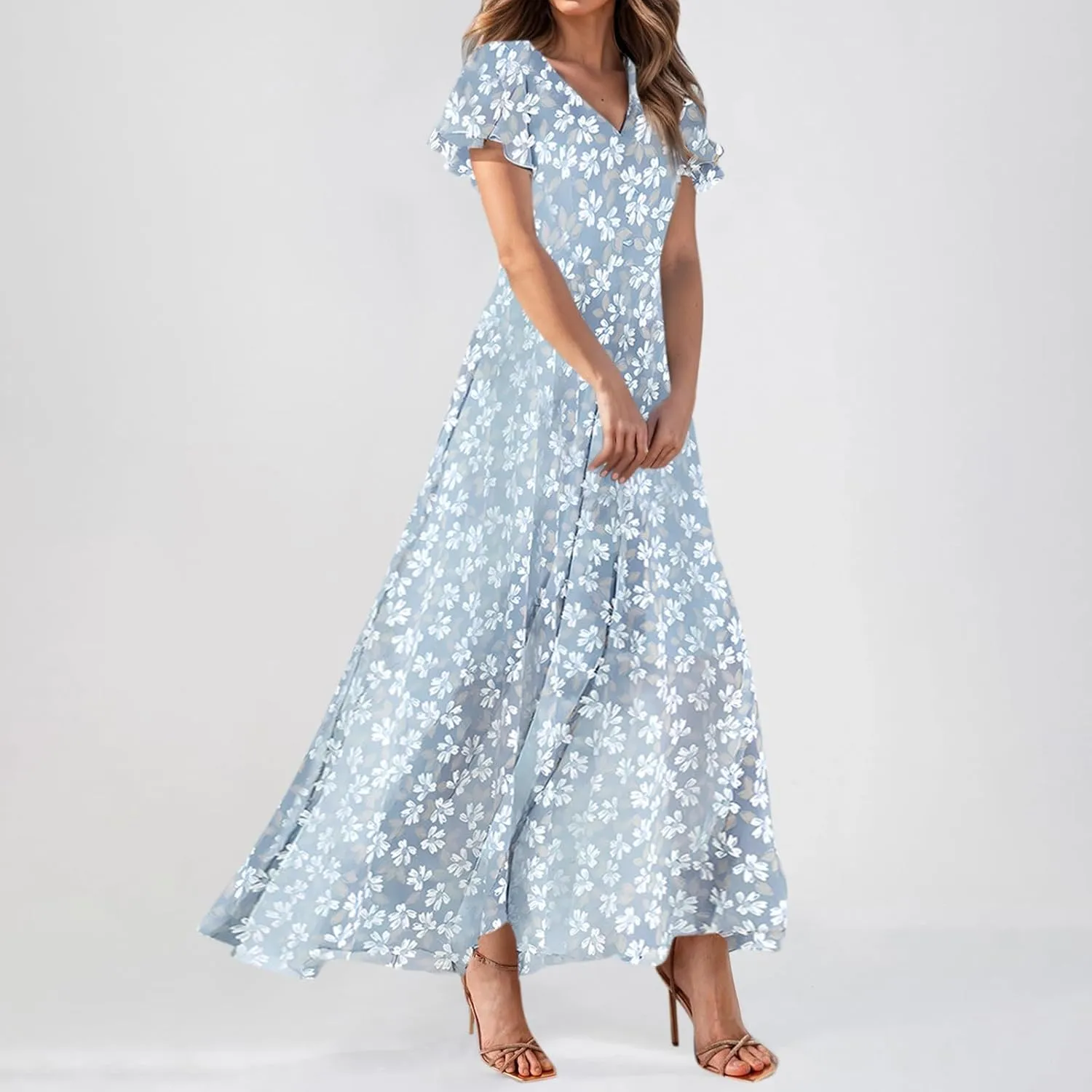 Women Floral Maxi Dress V Neck Flutter Sleeve Long Flowy Chiffon Dresses Casual Summer A Line Garden Party Dresses