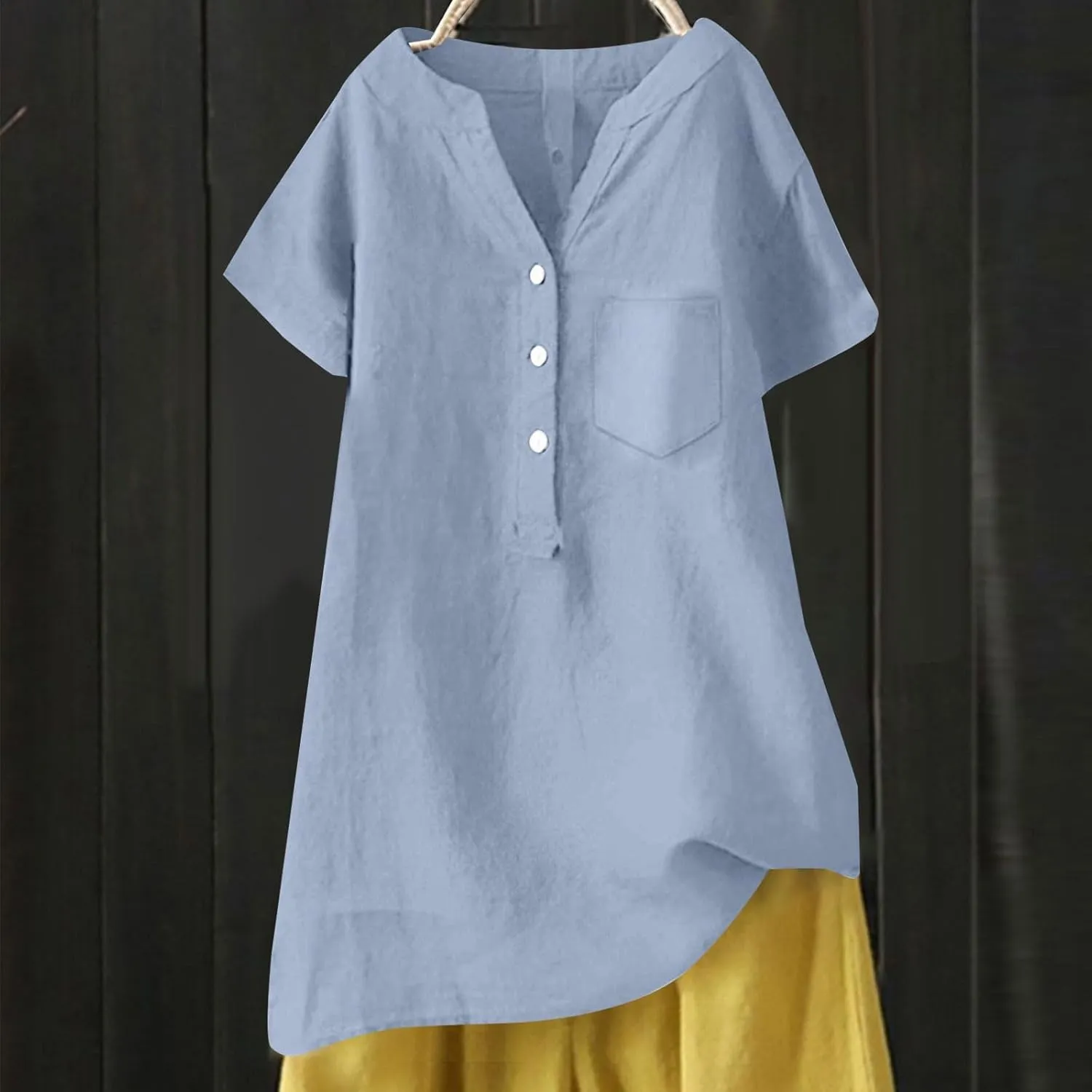 Womens Cotton Linen Button Down Shirts Summer Dressy Blouse Long Sleeve V Neck Loose Gauze Tops Casual Tunic T-Shirts