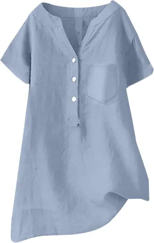 Womens Cotton Linen Button Down Shirts Summer Dressy Blouse Long Sleeve V Neck Loose Gauze Tops Casual Tunic T-Shirts