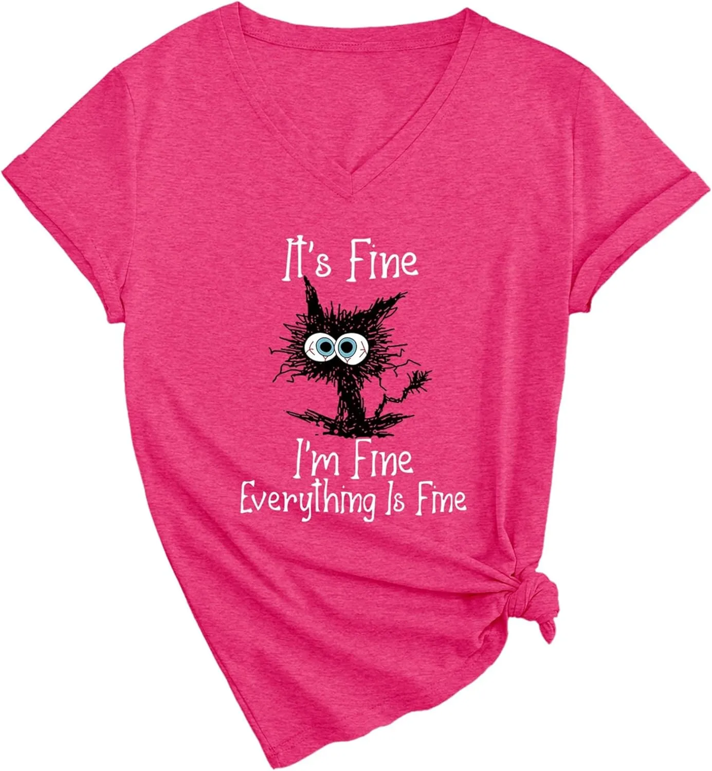 Women's I'm Fine Everything is Fine T Shirts Funny Sayings Casual V-Neck T Shirt Cute Cat Graphic Tee Sarcastic Shirts