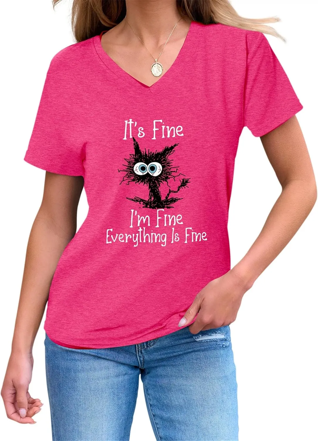 Women's I'm Fine Everything is Fine T Shirts Funny Sayings Casual V-Neck T Shirt Cute Cat Graphic Tee Sarcastic Shirts