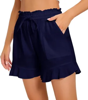 Womens Linen Shorts Summer Casual High Wasited Ruffle Wide Leg Drawstring Beach Loose Shorts