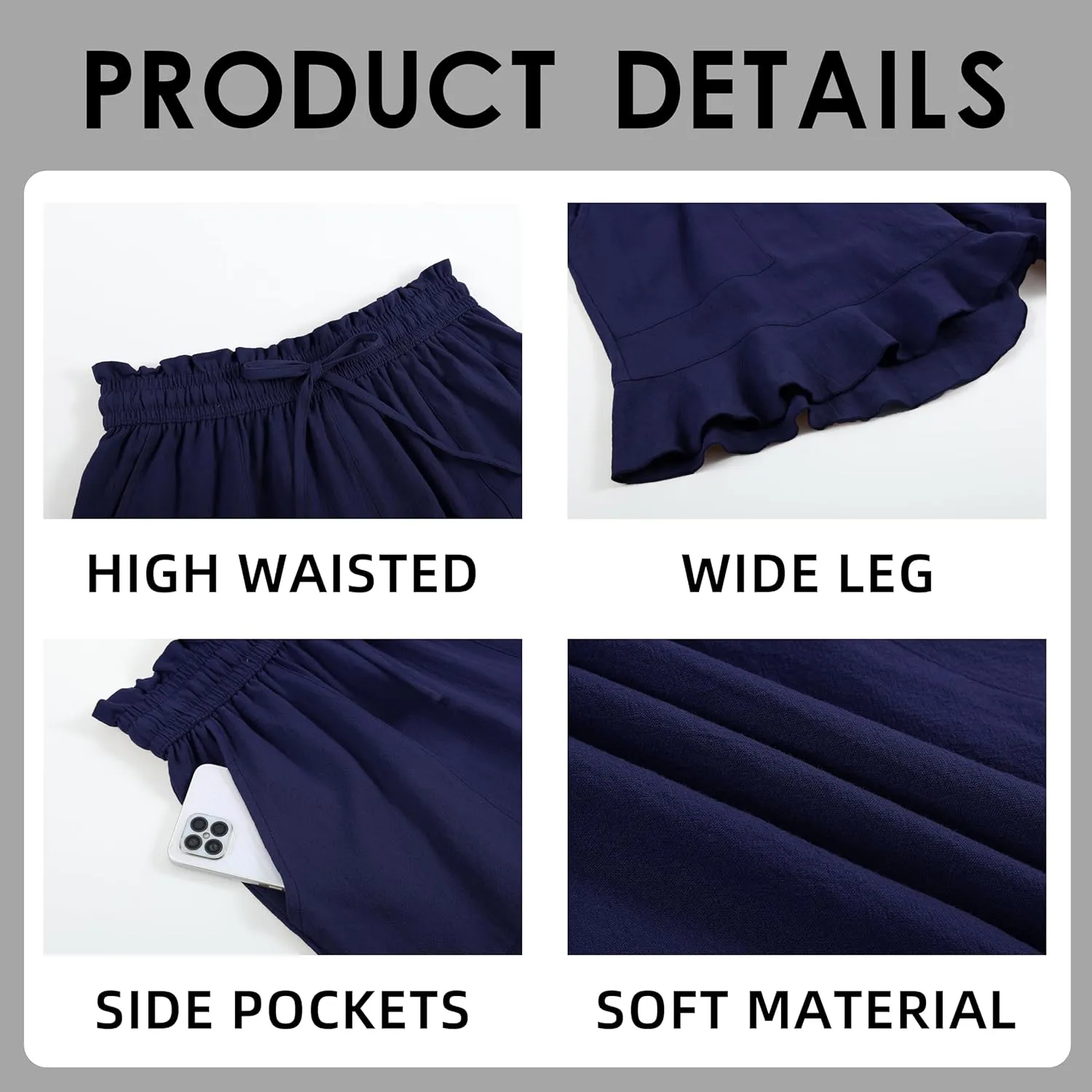 Womens Linen Shorts Summer Casual High Wasited Ruffle Wide Leg Drawstring Beach Loose Shorts