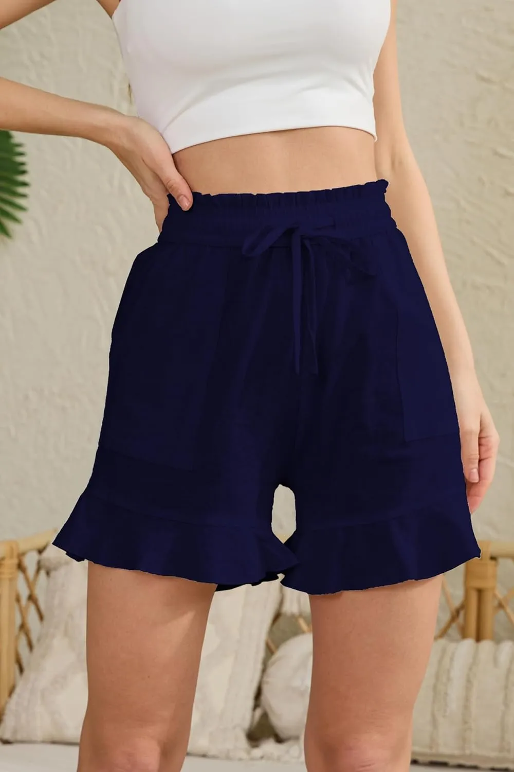 Womens Linen Shorts Summer Casual High Wasited Ruffle Wide Leg Drawstring Beach Loose Shorts
