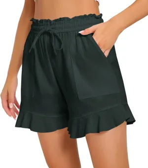 Womens Linen Shorts Summer Casual High Wasited Ruffle Wide Leg Drawstring Beach Loose Shorts