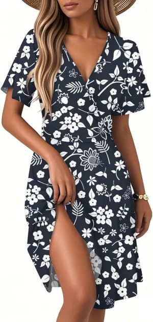 Women's Summer Dresses 2025 Boho Floral Beach Casual Deep V Neck Sundress Fashion Flowy Midi A-line Dress