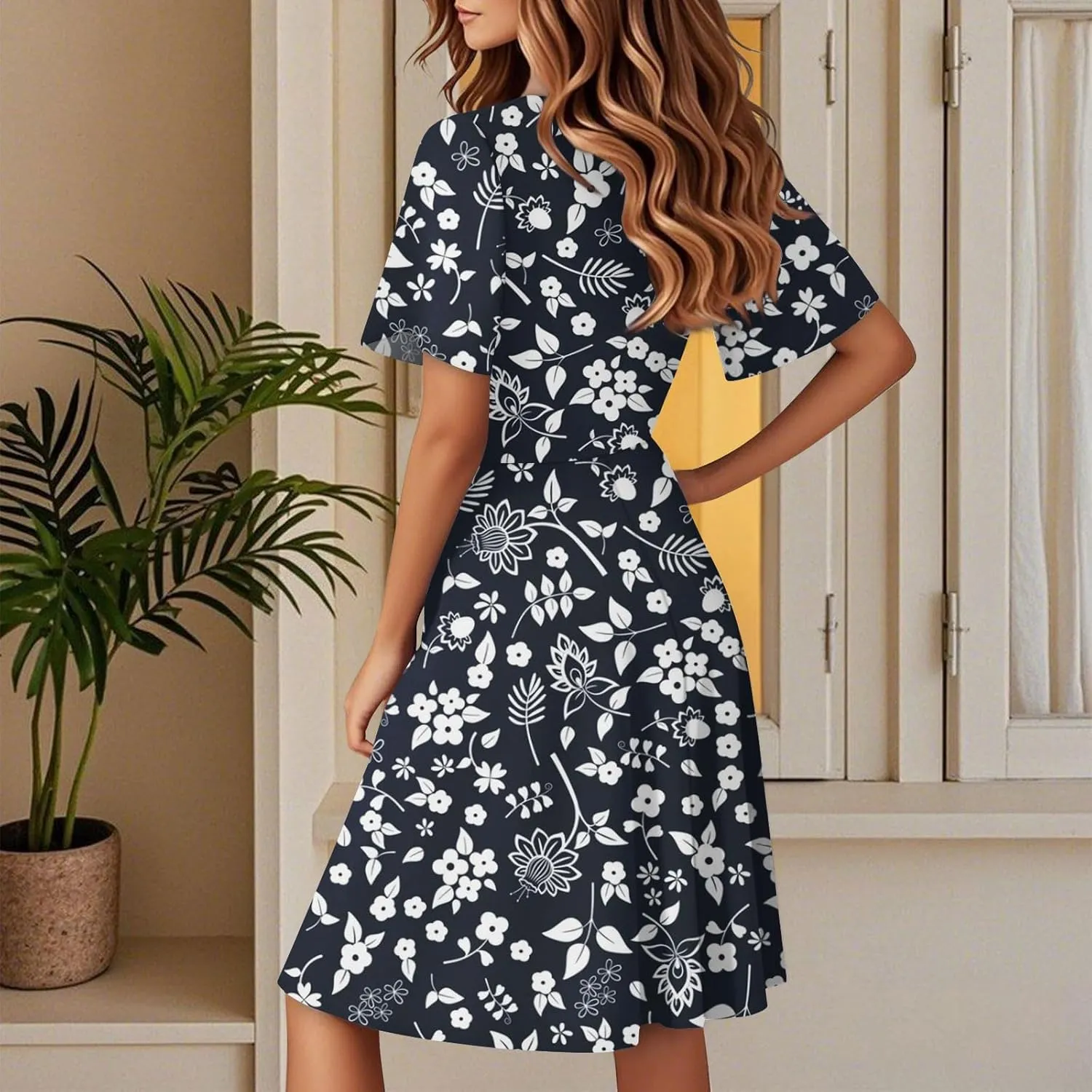 Women's Summer Dresses 2025 Boho Floral Beach Casual Deep V Neck Sundress Fashion Flowy Midi A-line Dress