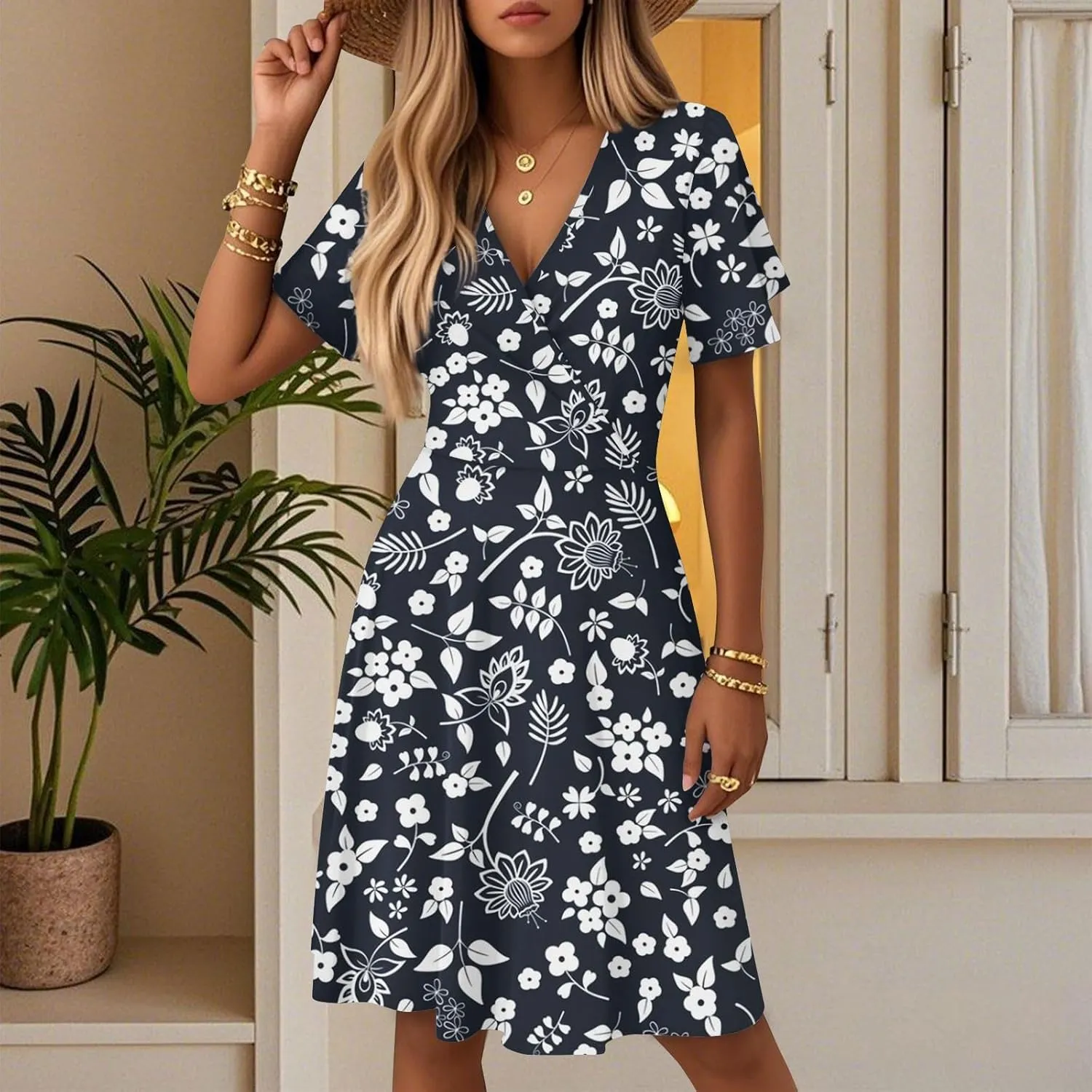 Women's Summer Dresses 2025 Boho Floral Beach Casual Deep V Neck Sundress Fashion Flowy Midi A-line Dress