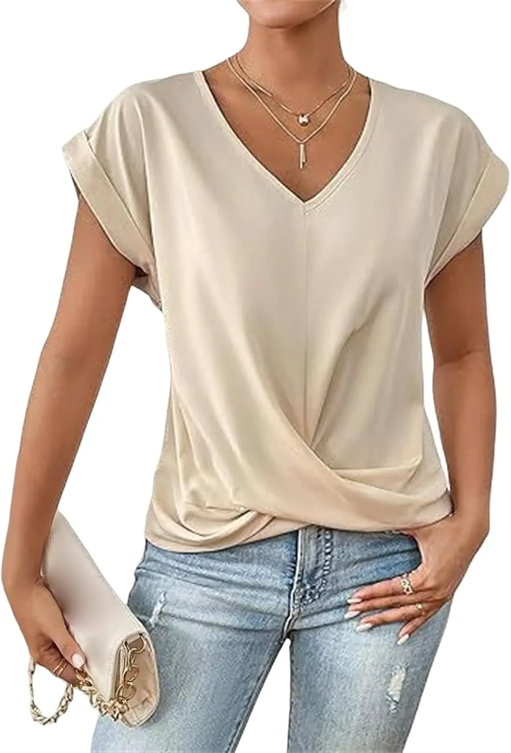 Women's Tops Short Sleeve V Neck Shirt Twist Knot Front Top Loose Fit Lightweight T-Shirt Summer Tunic Tops Blouses