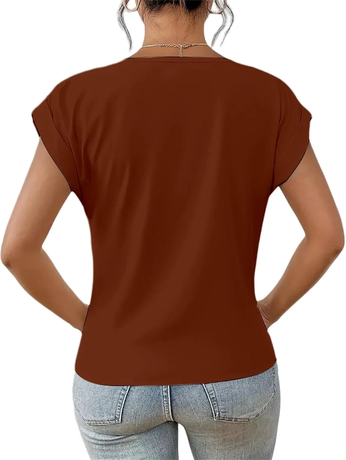 Women's Tops Short Sleeve V Neck Shirt Twist Knot Front Top Loose Fit Lightweight T-Shirt Summer Tunic Tops Blouses