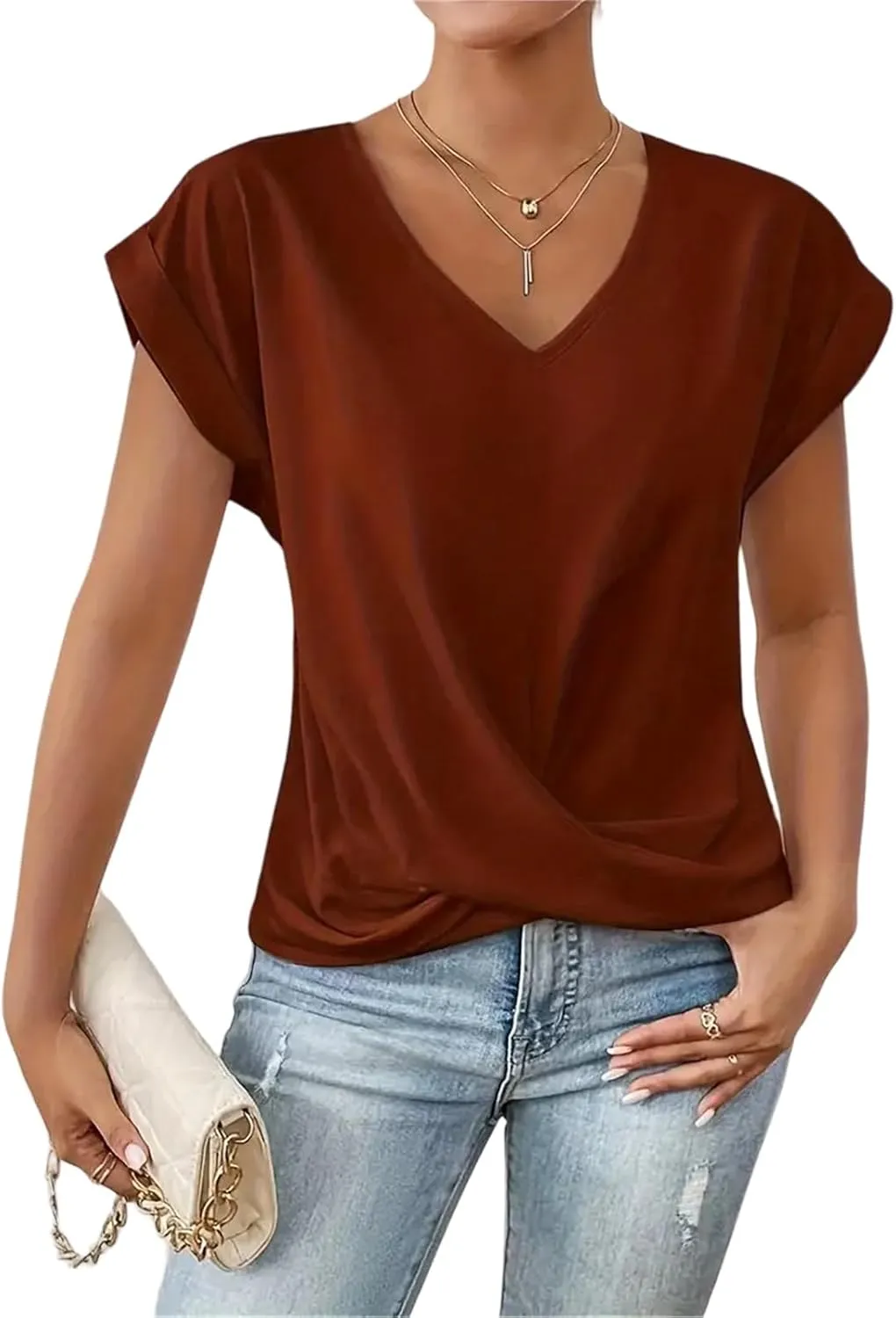 Women's Tops Short Sleeve V Neck Shirt Twist Knot Front Top Loose Fit Lightweight T-Shirt Summer Tunic Tops Blouses